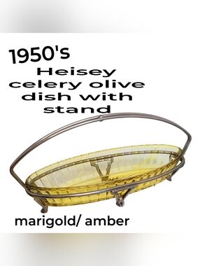 Vintage 50s Heisey Marigold/ Amber Glass Celery Olive Serving Dish Metal Stand